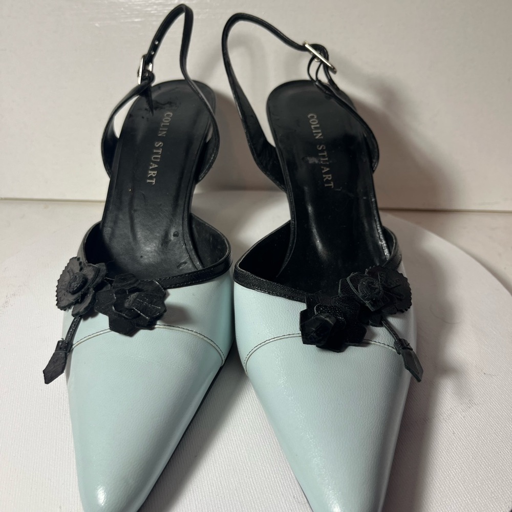 Vintage Colin Stuart Women's Black and Light Blue Slingback Shoes